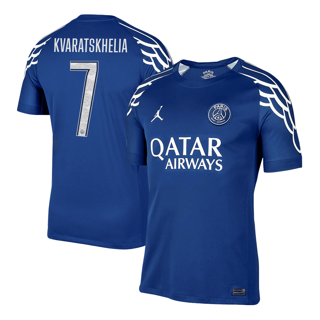 KVARATSKHELIA #7 Φανέλα Ποδοσφαίρου PSG Τέταρτη Εκτός έδρας Προσαρμοσμένη Μπλούζα 2024/25 - UCL