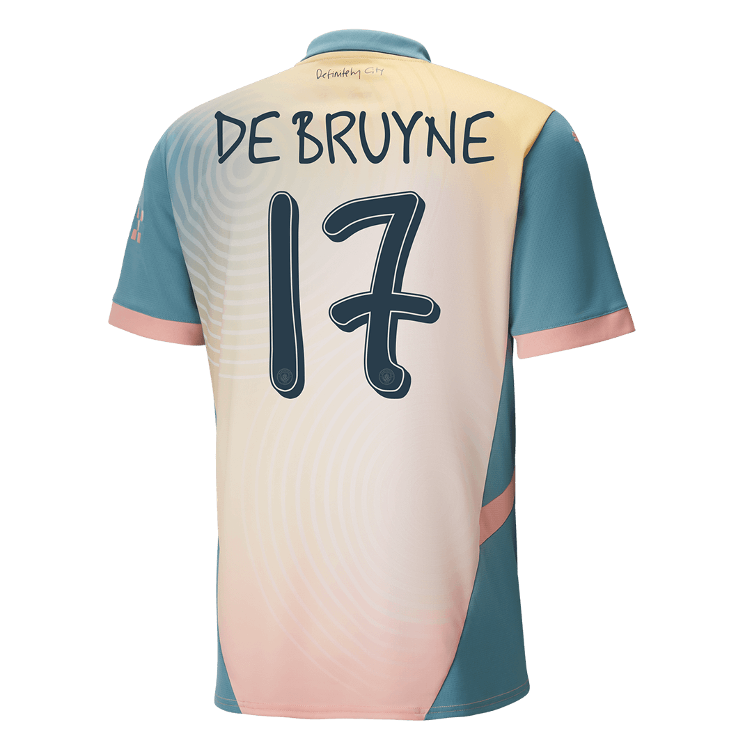 DE BRUYNE #17 Μάντσεστερ Σίτι Ποδοσφαιρική φανέλα Τέταρτη εκτός έδρας Προσαρμοσμένη φανέλα «Definitely City» 2024/25
