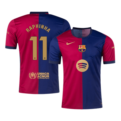 Barcelona Jersey RAPHINHA #11 Soccer Jersey Home 2024/25 Spotify Logo Without Text